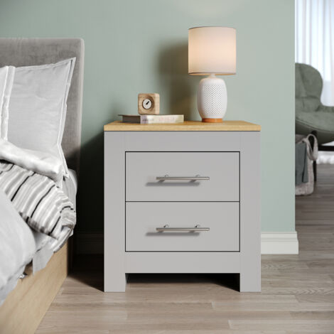 ELEGANT 2 Drawer Bedside Table Cabinet Chest Nightstand Bedroom Furniture Grey/Oak 450x395x480mm