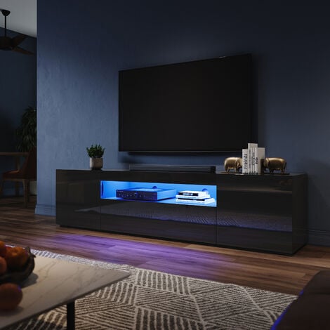 ELEGANT 2000mm Modern Black High Gloss TV Stand Cabinet with LED Ambient Lights Living Room Cabinet Media Stand Furntiure for 32"-75" Flat Screen 4k TVs