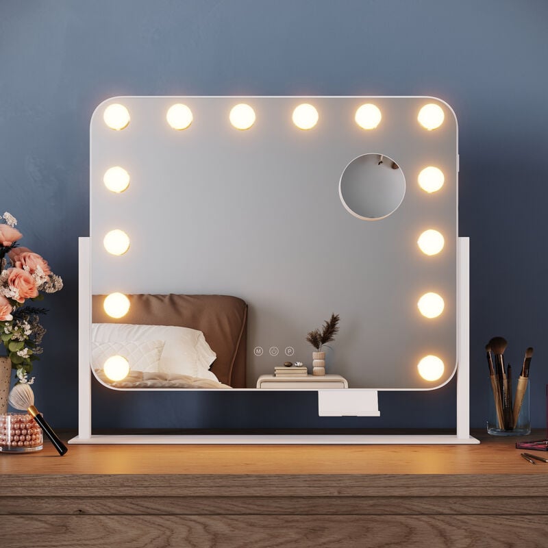 Sirhona - elegant 360°Rotation Hollywood Vanity Mirror 50x40 cm with 14 Dimmable led Bulbs Makeup Mirror with 10X Magnification 3 Color Modes, usb