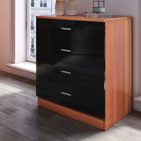 ELEGANT 4 Spacious Drawer Chest Black/Walnut Modern High Gloss Nightstand with Metal Handles