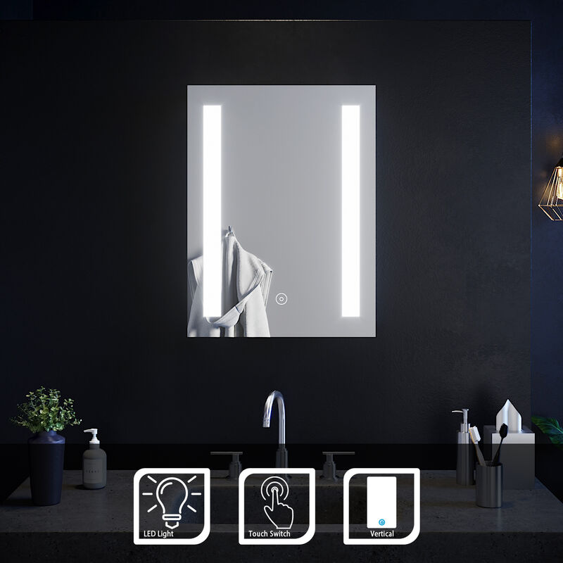 450 x 600mm Rectangular Frontlit led Illuminated Bathroom Mirror Wall Mirror with Light Touch Sensor - Elegant