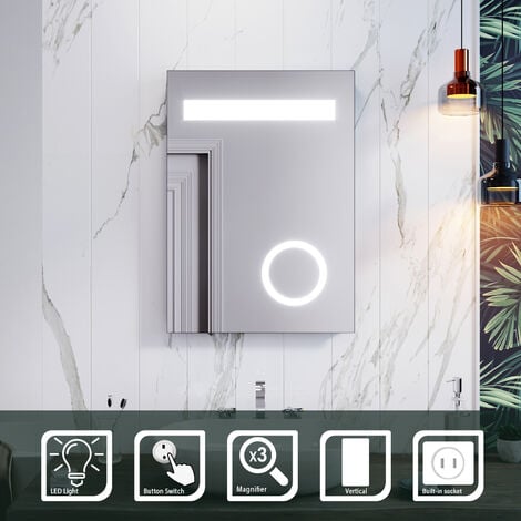 ELEGANT 500 X 700 mm  Rectangle Mirror Back-lit LED Illuminated Bathroom Mirror with Shaver Socket 3 Times Magnifying Wall Mounted