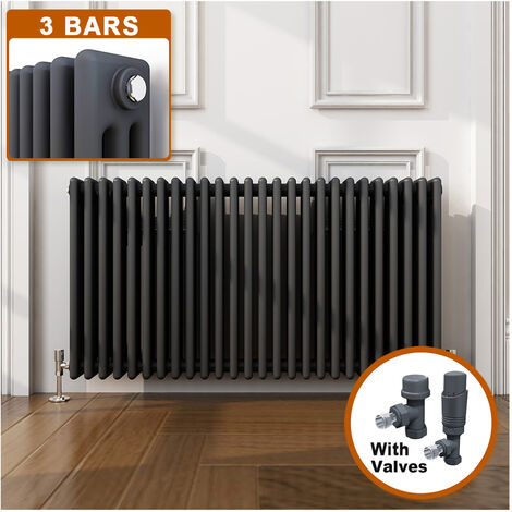 ELEGANT 600 x 1190 mm Anthracite Traditional Designer Radiator Horizontal Column Radiator Heater 3 Column + Anthracite Thermostatic Radiator Valves