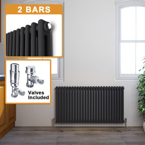 ELEGANT 600 x 1190 mm Traditional Cast Iron Style Horizontal Radiator with Anthracite 2 Column + Chrome Thermostatic Radiator Valves