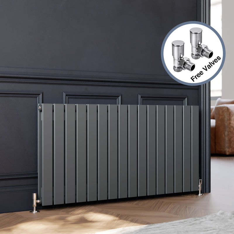 Elegant - 600 x 1216 mm Anthracite Column Radiator Horizontal Double Flat Panel Designer Radiator with Angled Radiator Valves