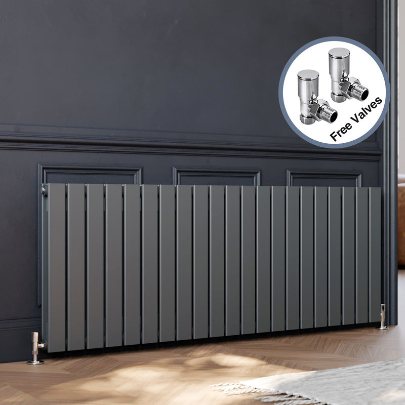 600 x 1596 mm Anthracite Column Radiator Horizontal Double Flat Panel Designer Radiator with Angled Radiator Valves - Elegant