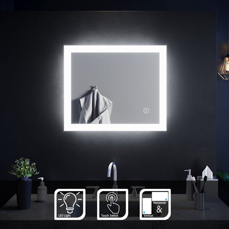 Led Bathroom Mirror 600x500 mm with Touch Sensor Illuminated Lights Wall Mounted Horizontal Vertical - Elegant