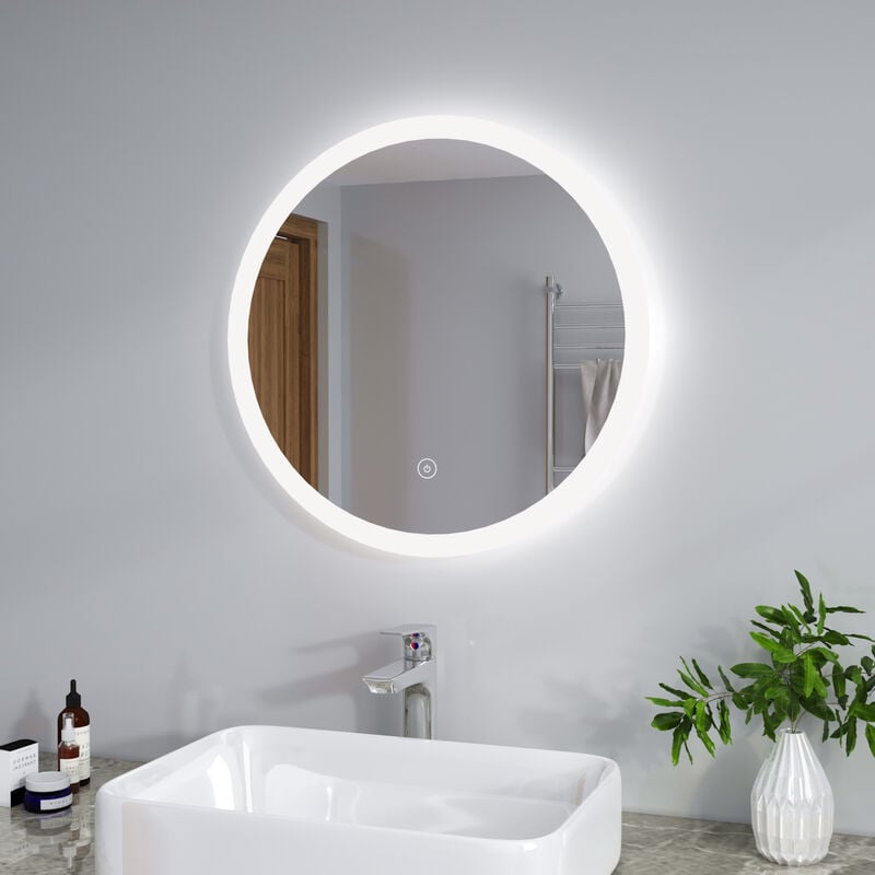 600 x 600 mm Modern Round Illuminated led Bathroom Mirror Touch Sensor + Demister - Elegant