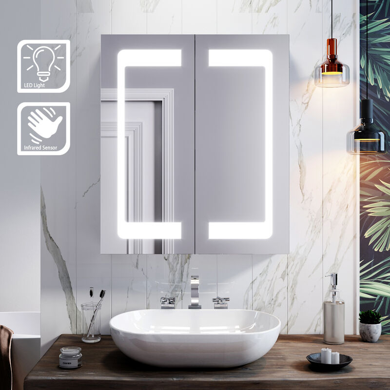 Led Mirror Cabinet 600 x 700mm with Lights Sensor Switch Stainless Steel Frame Modern Bathroom Wall Storage Mirror - Elegant