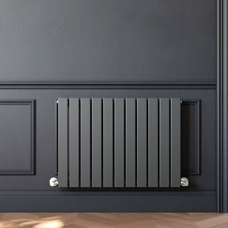 ELEGANT 600 x 836 mm Anthracite Column Radiator Horizontal Single Flat Panel Designer Radiator with Angled Radiator Valves