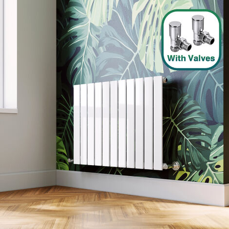 ELEGANT 600 x 836 mm White Designer Radiators Horizontal Single Flat Panel Modern Radiator Heater + Angled Radiator Valves