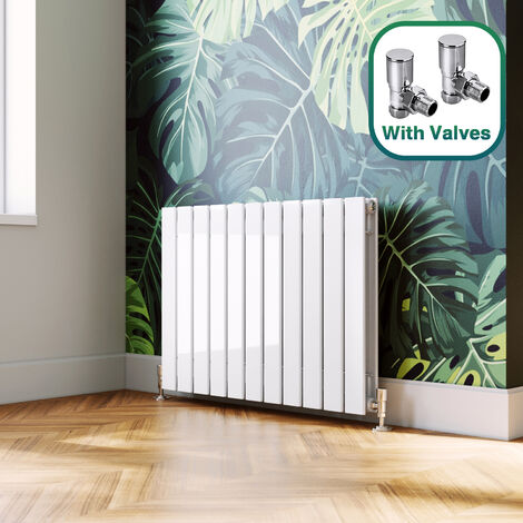 ELEGANT 600 x 836 mm White Horizontal Column Designer Rads Double Flat Panel Radiator Heater + Angled Radiator Valves