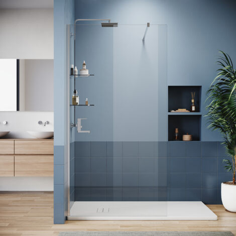 ELEGANT 6mm Walk-in Shower Door Shower Enclosure with 2 8mm Triangular Glass Shelves 700x1850mm Shower Screen with Aluminum Support Bar
