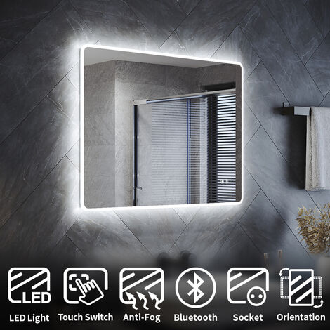 ELEGANT 800 x 600 mm Bathroom Mirror with LED Light, Bluetooth, Shaver Socket, Demister Pad, Hook, Adjustable Brightness, Acrylic Frame Wall Mounted Vanity Multi-functional Smart Mirror