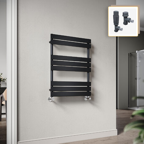 Elegant 800 x 600mm Heated Towel Rail Black Flat Panel Design Tower Hanger, Modern Bathroom Radiator, Wall Mounted Ladder + Anthracite Thermostatic Radiator Valves