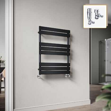 Elegant 800 x 600mm Heated Towel Rail Black Radiator, Modern Flat Panel Designer Central Heating Towel Warmers + Chrome Thermostatic Radiator Valves