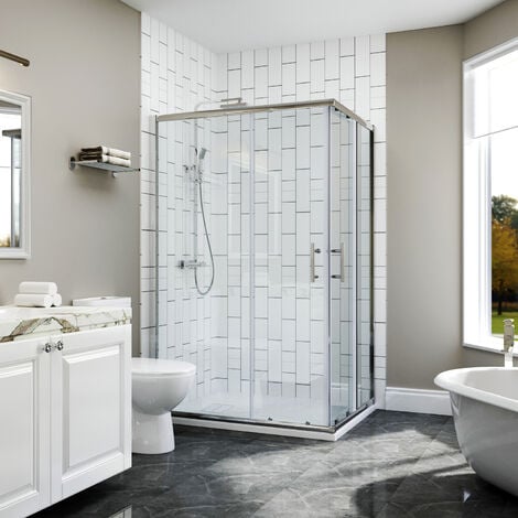 ELEGANT 900 x 760 mm Sliding Doors Corner Entry Shower Enclosure 6mm Safety Glass Polished Aluminium frame Screen Cubicles