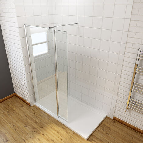 ELEGANT 900mm Frameless Wet Room Shower Screen Panel 8mm Easy Clean Glass Walk in Shower Enclosure with 300mm Return Panel and Support Bar