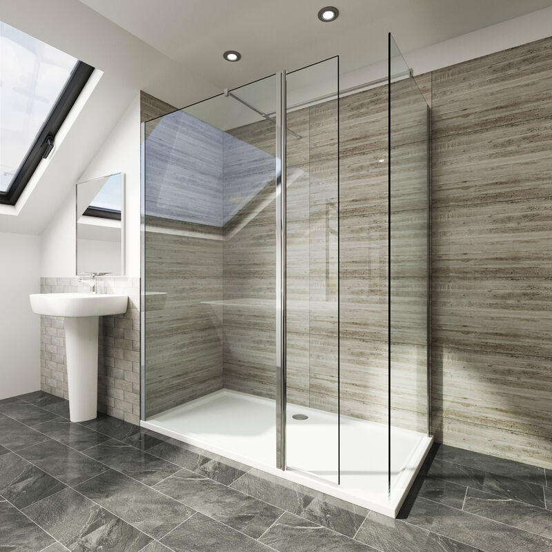 Image of ELEGANT 900mm Walk in Wet Room 300mm Flip Panel 800mm Side Panel Open Entry Bathroom Screen 6mm Tempered Glass Shower Enclosure with Shower Tray