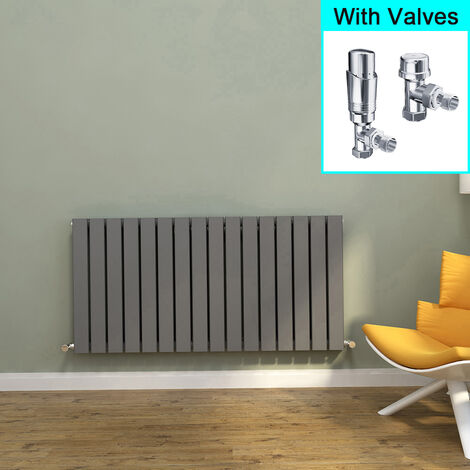 ELEGANT Anthracite Horizontal Double Flat Panel Radiator 600x1216mm Designer Radiator with Thermostatic Radiator Valves