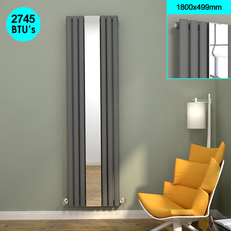 ELEGANT Anthracite Vertical Radiator Single Oval Column Tall Upright Central Heating Radiators 1800x500mm with Mirror