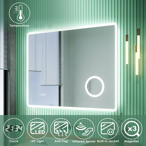 ELEGANT LED Illuminated Bathroom Mirror with Infrared Sensor with 3 Times Magnifying Glass Shaving Socket Clock Display Anti-foggy Led Mirror