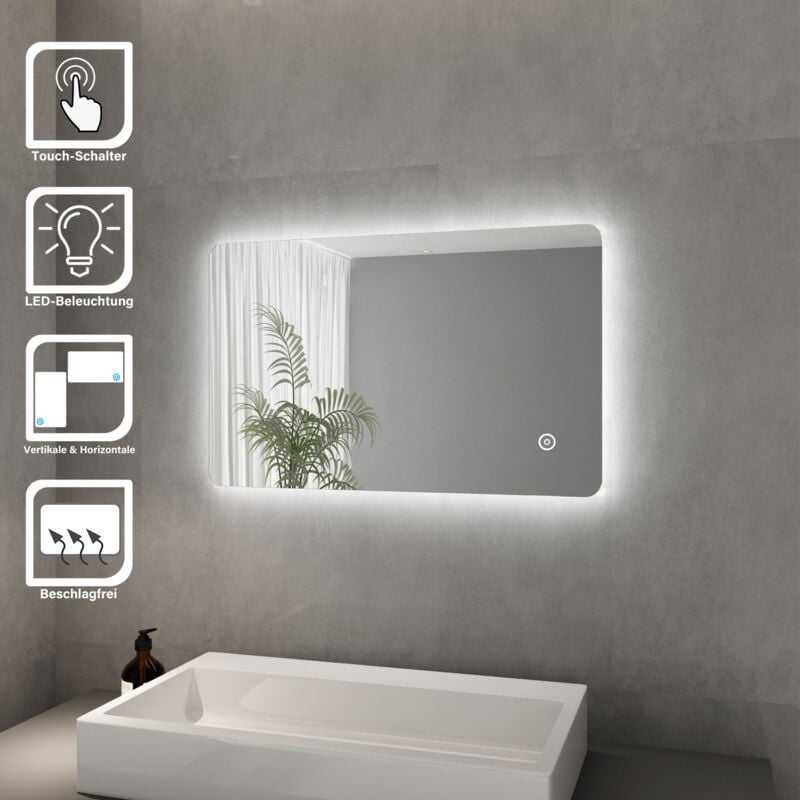 Elegant Badspiegel Mit Beleuchtung Lichtspiegel Led Spiegel 80 X 50 Cm Kaltweiss Ip44 Badezimmer Wandspiegel Mit Touch Schalter Beschlagfrei Badezimmerspiegel Gtbm0885