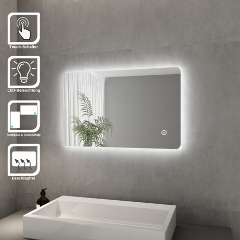 LCD Panel 100 x 52 x 21,6 cm Alpines Wei/ß Hochglanz Wandspiegel A++ FORAM Badspiegel mit LED Beleuchtung und 3 Ablagen Lautsprecher Schalter