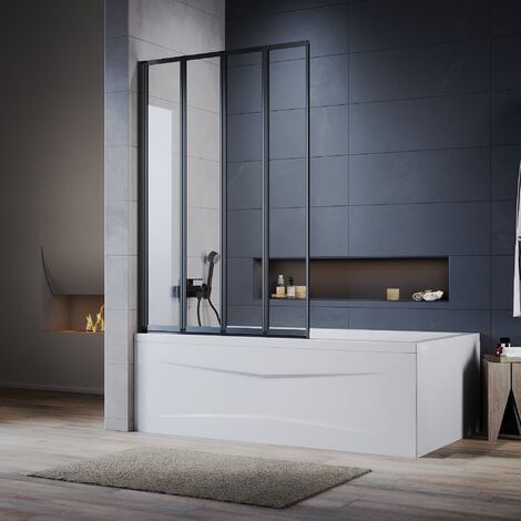 ELEGANT Bath Screen 4mm Safety Tempered Glass Shower Screen 4 Folding Matt Black Frame Glass Screen 800x1400mm