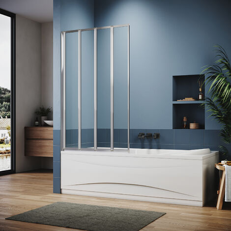 ELEGANT Bath Screen Chrome Aluminium Quadruple Folding Bath Screen 1000x1400mm Thickness 4mm Tempered Glass