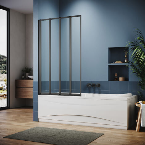 ELEGANT Bath Screen Matt Black Aluminium Quadruple Folding Bath Screen 1000x1400mm Thickness 4mm Tempered Glass