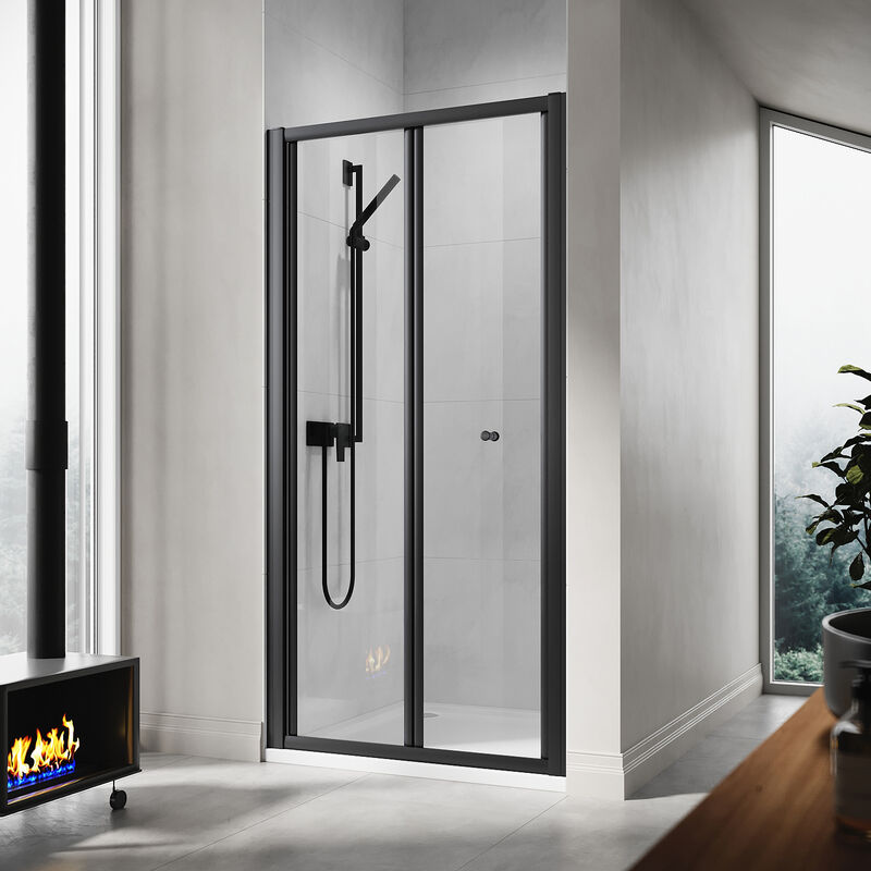 Elegant - Bathroom 700mm Bi-Fold Shower Door Matt Black Frame Folding Glass Cubicle Door + 700 x 1000mm Slip-Resistance Shower Tray with Waste and