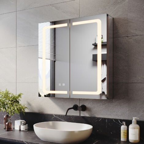 ELEGANT Bathroom Aluminium Mirror Cabinet with LED light and Shaver Socket, 3 Lights Changing Modes, Wireless Hinge Design, Double-Door 650x650mm
