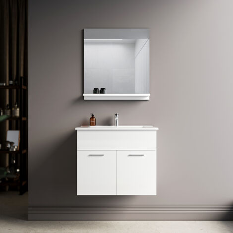 main image of "ELEGANT Bathroom Furniture Sets Mirror & White High Gloss Vanity Units with Rectangular Ceramic Basin"