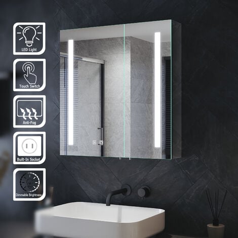 ELEGANT Bathroom Illuminated Mirror Cabinet Stainless Steel Storage with LED Lights Shaver Scocket Demester Pad Adjustable Glass Shelves 2 Door Design 630 x 650 x 130 mm