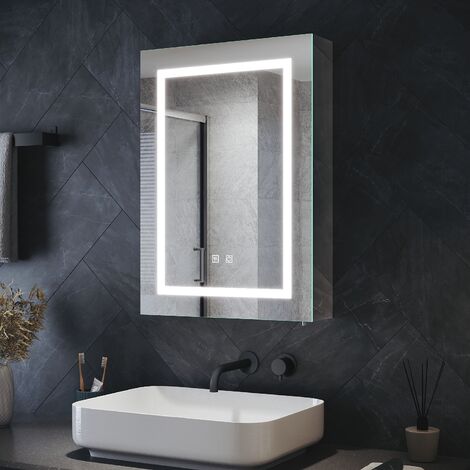 ELEGANT Bathroom Illuminated Mirror Cabinet Stainless Steel Storage with LED Lights Shaver Scocket Demester Pad Adjustable Glass Shelves 500 x 700 x 130 mm