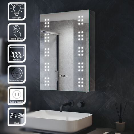 ELEGANT Bathroom Illuminated Mirror Cabinet Stainless Steel Storage with LED Lights Shaver Scocket Demester Pad Adjustable Glass Shelves Clock Dispaly 500 x 700 x 130 mm