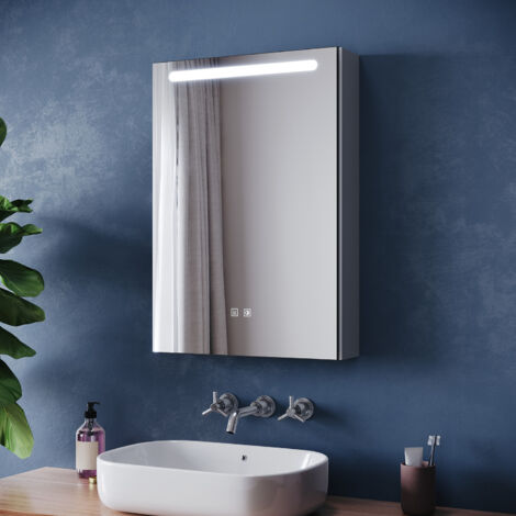 ELEGANT Bathroom LED Anti-Fog Mirror Cabinet with Makeup Storage Shelf, Tri-Color Temperature + Stepless Dimming + Power Off Memory, Moroccan Gray, 485x700x130mm