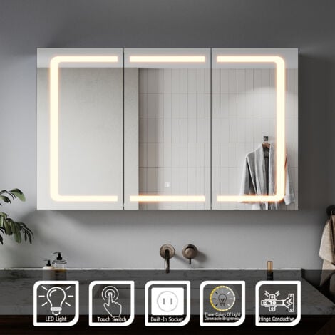 ELEGANT Bathroom Led Mirror Cabinet with Shaver Socket 3 Lighting Modes LED Fuction Stainless Steel Cabinet 105x65cm