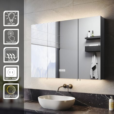 ELEGANT Bathroom LED Mirror Cabinet with Shaver Socket Demister 3 Lighting Modes 900x650mm 3-doors Design Bathroom Cabinet