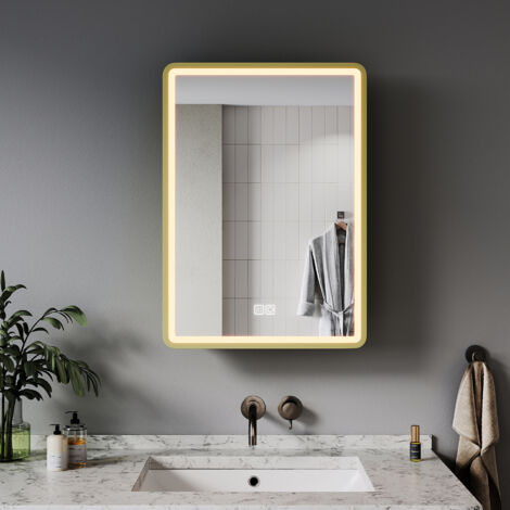 ELEGANT Bathroom LED Mirror Wall Bathroom Mirror Cabinet with Shaver Socket, Bright Adjustment and 3 Lights Changing Modes 500x700mm, Gold