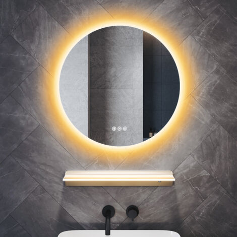 ELEGANT Bathroom LED Mirror with Bluetooth Anti-Fog and 3 Lighting Modes Illuminated Frosted Glass Shelf, Round 600x600mm