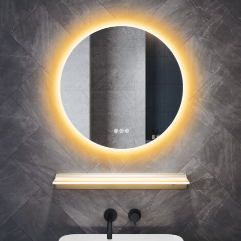 ELEGANT Bathroom LED Mirror with Illuminated Frosted Glass Shelf Bluetooth Anti-Fog and 3 Lighting Modes, Round 600x600mm