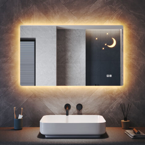 ELEGANT Bathroom LED Mirror with Shaver Socket Anti-Fog and 3 Lighting Modes Illuminated Frosted Glass Shelf, Moon-Star Design 800x600mm