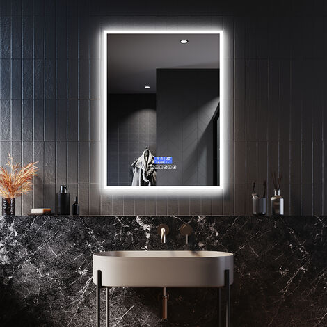 ELEGANT Bathroom LED Mirror with Shaver Socket Backlit Wall Mounted Bathroom Mirror with Bluetooth Clock DateDemister Pad 600x800 For Shaving Makeup