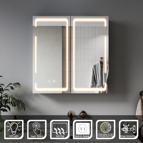 ELEGANT Bathroom LED Mirror with Shaver Socket Demister 3 Lighting Modes Bathroom Mirror Cabinet, Double-Door 590x600mm