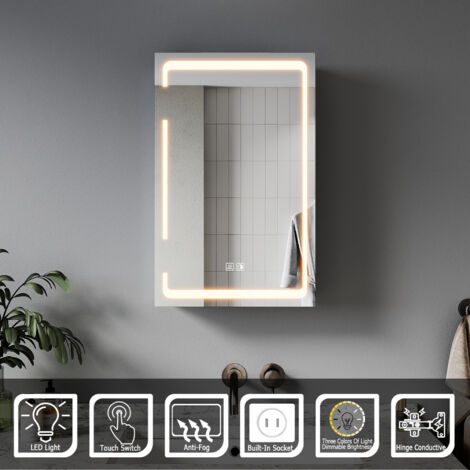 ELEGANT Bathroom LED Mirror with Shaver Socket Demister 3 Lighting Modes Bathroom Mirror Cabinet, Single Door 380x600mm