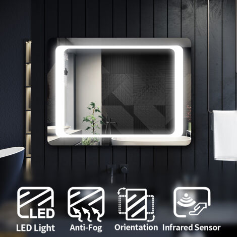 ELEGANT Bathroom Mirror Anti-Fog Illuminated LED Copper-Free Silver Mirror Wall Mounted 800x600mm Mirror with Infrared Sensor