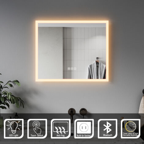 ELEGANT Bathroom Mirror with LED Lights Wall Mounted Bathroom LED Mirror 600 x 500mm Bluetooth Audio, Three-color lighting, Shaver Socket