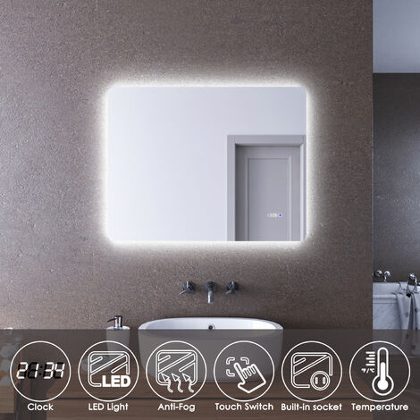 main image of "ELEGANT Bathroom Mirror with Shaver Socket Clock and Temperature Display Anti Fog Mirror 900 x 700 mm Led Mirror Lights"